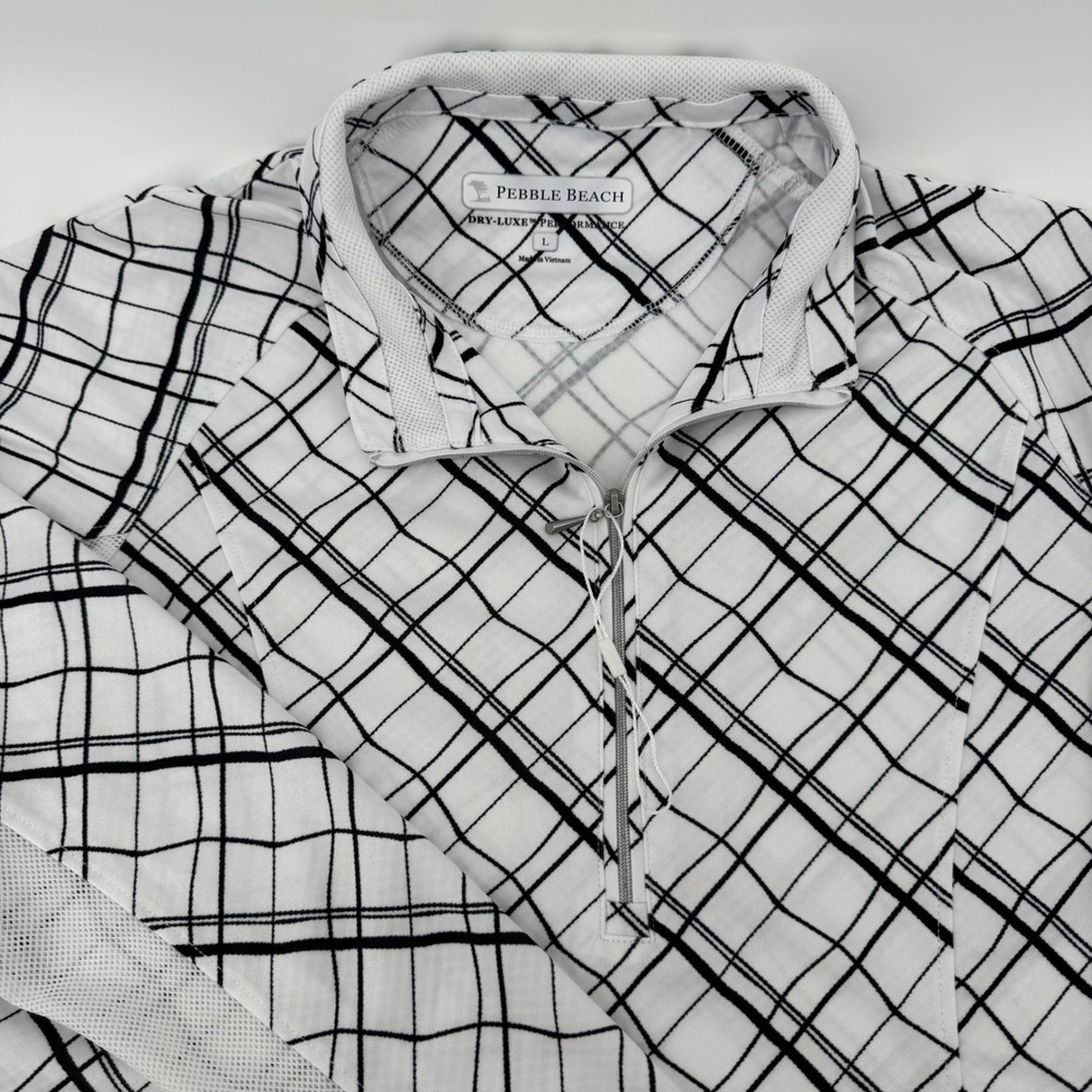 Pebble Beach 1/4 Zip‎ Pullover Women Large White Black Plaid Dry-Luxe Golf Top